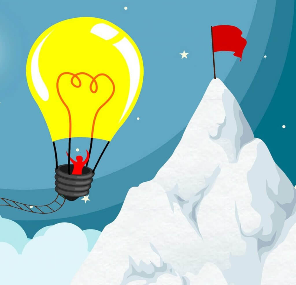 Illustration of a yellow lightbulb hot air balloon floating to the peak of a mountain.
