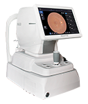 Angled front view of the Huvitz HFC-1 Non-Mydriatic Fundus Camera for optical retinal imaging. This model is a white and gray machine with the screen turned on showing an image of the retina.