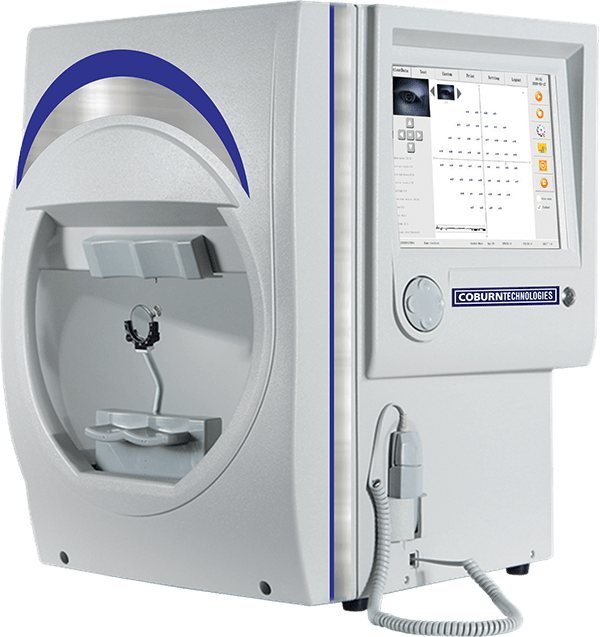 SK-950C Visual Field Analyzer from Coburn Technologies. Also known as an optical perimeter. Latest model from SK-Med. Gray, silver and blue tabletop machine for eyecare practices and optometry purposes.